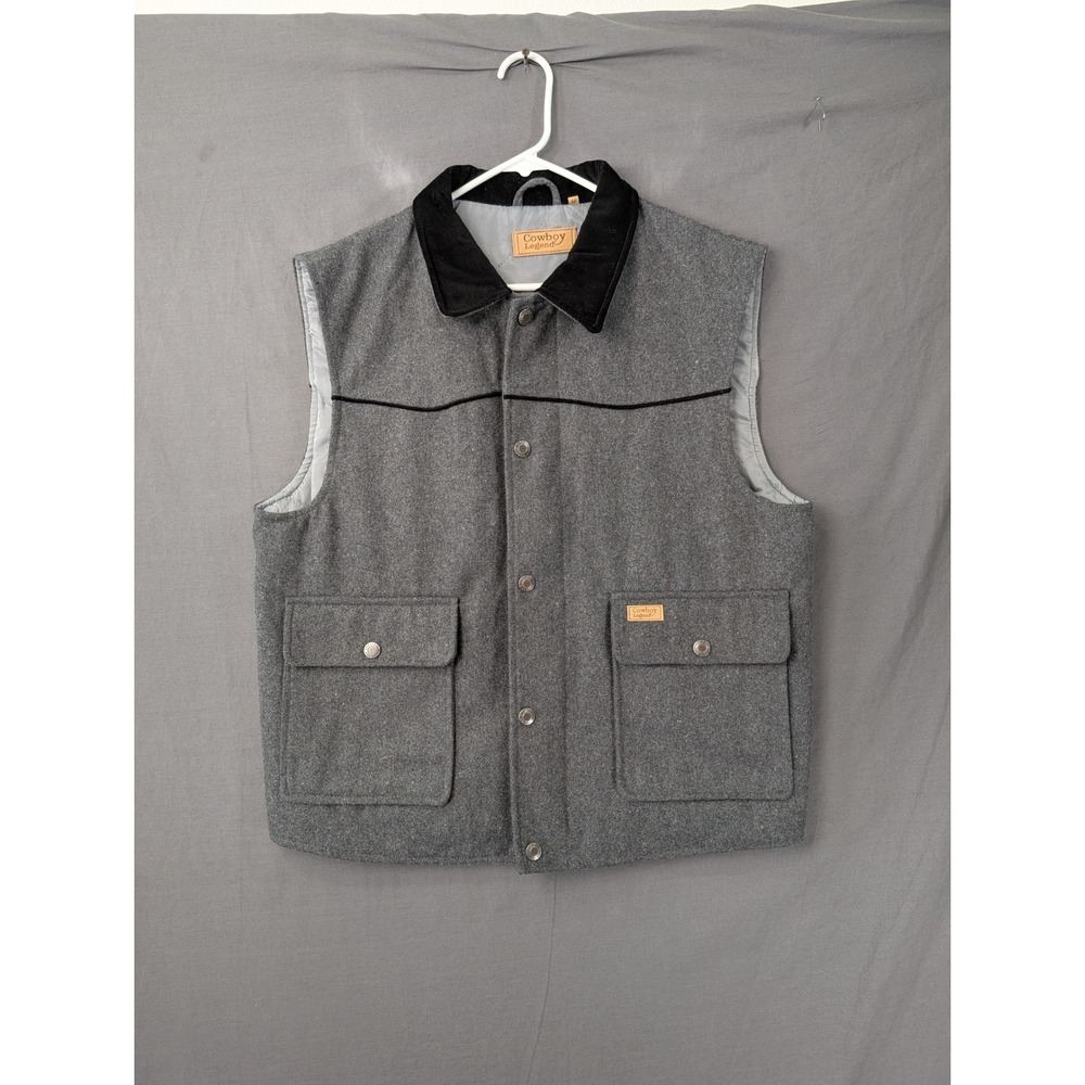 Cowboy Legend Mens Gray Wool Blend Western Vest Medium Corduroy Collar